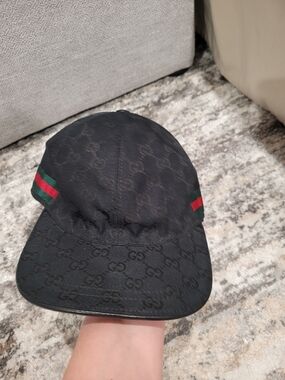 Authentic Gucci Black Monogram Baseball Cap with Red & Green Strip. Size L